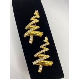 Vintage Monet Gold Tone Christmas Tree Brooches With Clear Rhinestones - Set Of